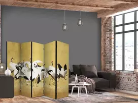 Artgeist Pertvara - Japanese cranes - a flock of birds against a golden background based on a painting by Ishida Yūtei