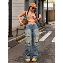Women's Retro Street Cargo Hip-hop Multi-pocket Overalls Straight Jeans S mėlyna