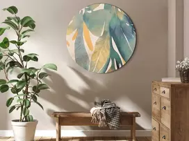 Artgeist Apvalus paveikslas ant drobės - Watercolor exotics - Hanging delicate tropical plants in colors of žalias and yellow on a beige background