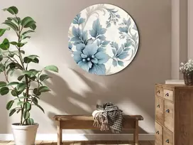 Artgeist Apvalus paveikslas ant drobės - Turquoise Flowers in Retro Ambience Floristic Ornaments