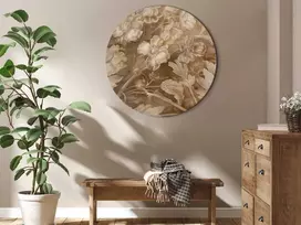 Artgeist Apvalus paveikslas ant drobės - Floral Ornaments Carved in Delicate Sepia and Brown Shades