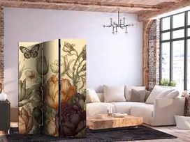 Artgeist Pertvara - Tulips in Kreminis - Illustration of Flowers and Butterflies on a Light Background