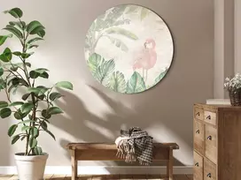 Artgeist Apvalus paveikslas ant drobės - Birds wading among exotic flora - Flamingos amidst lush tropical vegetation in soft pastel shades of žalias