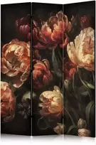Artgeist Pertvara - Magnificent Tulips - Bouquet of Flowers in Raudona and Baltas on a Juodas Background