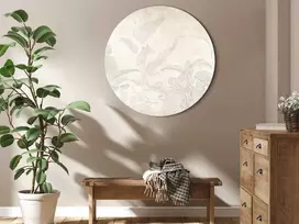 Artgeist Apvalus paveikslas ant drobės - Muted exotic greenery - Delicate outlines of tropical shrubs on beige and sand background