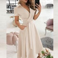 Fashion Women's Casual Lapel Color Short Sleeve Dresses Long XL smėlis