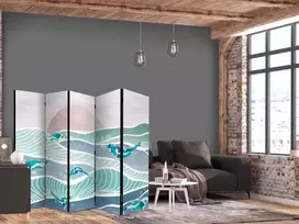 Artgeist Pertvara - Picturesque Landscape With Fish - Sunset And Koi Fish in Shades of Turquoise And Mėlyna. Floating Above The Water