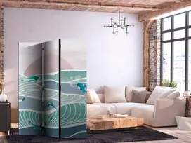 Artgeist Pertvara - Picturesque Landscape With Fish - Sunset And Koi Fish in Shades of Turquoise And Mėlyna. Floating Above The Water