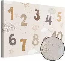 Artgeist Paveikslas - Jumping Numbers - Numbers in a Subdued rusvai gelsvas-Brown Hue Among Snowflakes Stars and Clouds