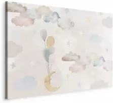 Artgeist Paveikslas - Fairy-Tale Moon - Pastel Moon with Balloons Among Colorful Clouds and Stars in Subdued Colors on a Light Background