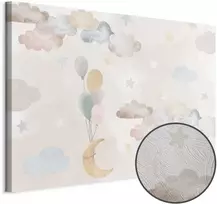 Artgeist Paveikslas - Fairy-Tale Moon - Pastel Moon with Balloons Among Colorful Clouds and Stars in Subdued Colors on a Light Background