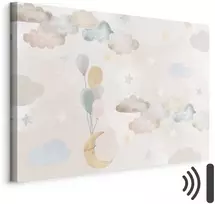 Artgeist Paveikslas - Fairy-Tale Moon - Pastel Moon with Balloons Among Colorful Clouds and Stars in Subdued Colors on a Light Background