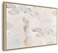 Artgeist Paveikslas - Fairy-Tale Moon - Pastel Moon with Balloons Among Colorful Clouds and Stars in Subdued Colors on a Light Background