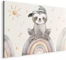 Artgeist Paveikslas - Happy Sloth - Sloth in Subdued Colors Wearing a Cap Sitting on a Rainbow Among Little Stars
