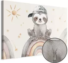 Artgeist Paveikslas - Happy Sloth - Sloth in Subdued Colors Wearing a Cap Sitting on a Rainbow Among Little Stars