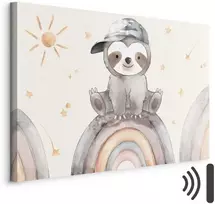 Artgeist Paveikslas - Happy Sloth - Sloth in Subdued Colors Wearing a Cap Sitting on a Rainbow Among Little Stars