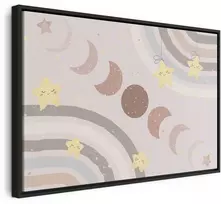 Artgeist Paveikslas - Joyful Sky - Geltona Cheerful Stars with a Rainbow Against the Phases of the Moon in a Light rusvai gelsvas Sky Hue