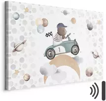 Artgeist Paveikslas - Galactic Races - A Bear Participating in Car Races Among Planets Clouds and Stars in Pastel Hues