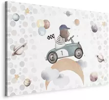 Artgeist Paveikslas - Galactic Races - A Bear Participating in Car Races Among Planets Clouds and Stars in Pastel Hues