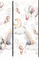 Artgeist Pertvara - Plush Bears with Balloons - Flying Light-Brown Bears Among Balloons - Clouds - and Rainbows in Subdued - Pastel Hues