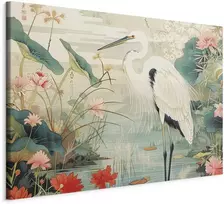 Artgeist XXL paveikslas - By an Asian pond - an illustration in the style of a Japanese engraving, depicting a heron