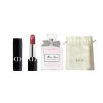 DIOR Perfume Vibrant Blue Gold Lipstick Sample Makeup Trial Set Velvet Satin #SATIN720+Flower Eau de Toilette 5ml+ Gold Label Small Cloth Bag mėlyna