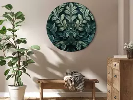 Artgeist Apvalus paveikslas ant drobės - Dark Žalias Victorian Leaves: Botanical Carved Composition
