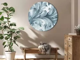 Artgeist Apvalus paveikslas ant drobės - Stone Baroque Ornaments in Light Shades of Gray-Mėlyna