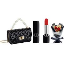 DIOR kvepalai #999 3,5g aksominis oficialus kostiumas + gvazdikėlių rožių puokštė + perlinė rankinė mėlyna