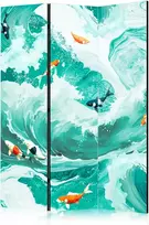 Artgeist Pertvara - Koi Fish Among Waves - Japanese Fish Among Waves in Shades of Turquoise And Baltas