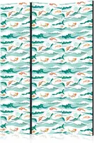 Artgeist Pertvara - Fish Leaping Above the Waves - Oriental Fish and Water Lilies Among High Waves in Sea Žalias Colors
