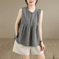 sleeveless oversized cotton vintage plaid Casual loose tank tops for Women summer t-shirt 2026 clothing M