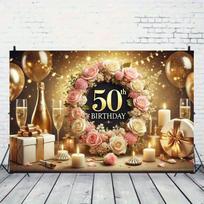 2D Elegant Gold Pink Floral 50th Birthday Backdrop Banner Party Decor Background 47.2x31.5inch/120*80cm