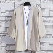 Men Japanese Style Open Stitch Kimono Jacket Lightweight Cotton Linen 3/4 Sleeve Open Front Coat Casual Top for Spring Summer XL chaki