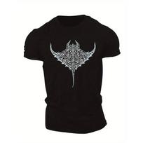 European Size Men's Tribal Manta Ray T-Shirt with Swirling Marine Motifs -Short Sleeve Summer Beachwear, Casual Round Neck Top, Machine Washable Shirt S įvairiaspalvis