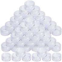 50 vnt. 5 ml maži skaidraus plastiko indelių su prisukamais dangteliais. Tušti apvalūs kosmetiniai konteineriai kremams, balzamams, mėginiams laikyti