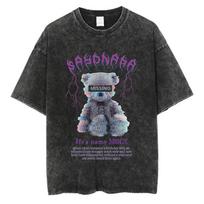 Washed Tshirts YK Summer Unisex Women Bear Print Tshirt Casual Cotoon Punk Gothic Vintage Hip Hop Top Tee S