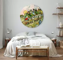 Artgeist Apvalus paveikslas ant drobės - Vincent van Gogh – Thatched Cottages in the Sunshine Reminiscence of the North