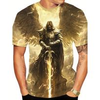 Mens 3d Angel Warrior Graphic T Shirt Golden Sword Design 3D Printed Tshirt For Men Clothes Wing Ornate Border Unisex Tee Tops XXS