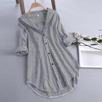 Women's Casual Long Sleeve Button Down Striped Shirt Blouse, Lightweight Loose Fit Tunic Top Pink & White L juoda