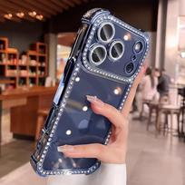 iPhone 17 Pro Max Case: Rhinestone Border, Transparent Air Cushion, Anti-Drop, Fits Apple 16/15 15 PLUS mėlyna