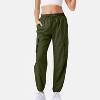 Women’s High Waist Elastic Cargo Pants Loose Fit Jogger Trousers with Multiple Pockets for Casual Outdoor Wear L armijos žalia spalva