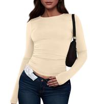 Women's Long Sleeve Slim Fit Ruched Side T-Shirt Casual Stretchy Crew Neck Top for Everyday Wear L smėlis