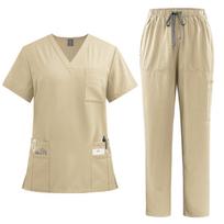 Women's and Men's Medical Scrub Set with V-Neck Top and Drawstring Pants, Comfortable Workwear for Healthcare Professionals XXL chaki