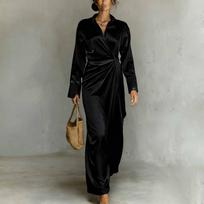 Long Sleeve Satin Maxi Dress for Women with Lapel Collar and Wrap Front Design Suitable for Various Occasions S juoda