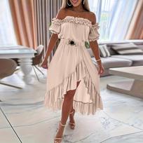 Women Off Shoulder Ruffle High Low Hem Dress with Belted Waist Asymmetrical Skirt Summer Casual Style Flowy Midi Dress XXL smėlis