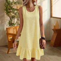 Women Sleeveless Dress Round Neck Linen Cotton Blend Dress Casual Loose Fit Mid-Length Spring Autumn Dress M geltona
