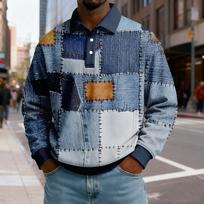 Men Patchwork Print Long Sleeve Polo Collar Sweatshirt Casual Relaxed Fit Pullover Top with Button Placket Design M mėlyna