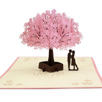 3D Pop Up Paper Greeting Card Romantic Cherry Blossom Tree Couple Handmade Paper Craft Card for Special Occasions One size rožinė