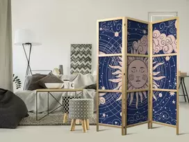 Artgeist Japoniška kambario pertvara - Cosmic Harmony - Illustration of the Sun and Moon on a Navy Background